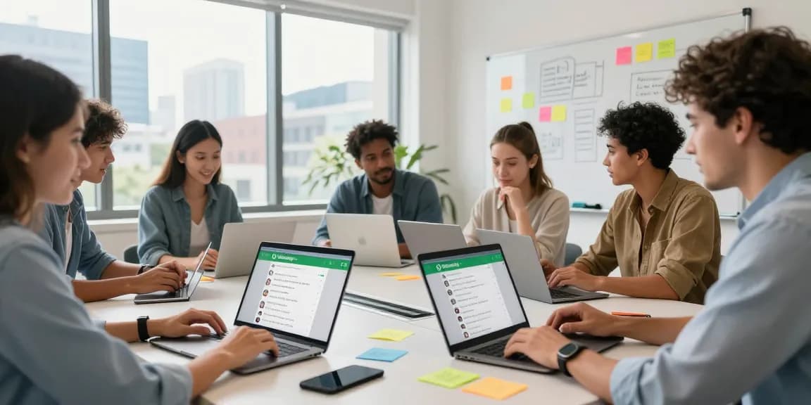 Team collaborating in a modern office on WhatsApp網頁版 project, showcasing creative teamwork and technology use.