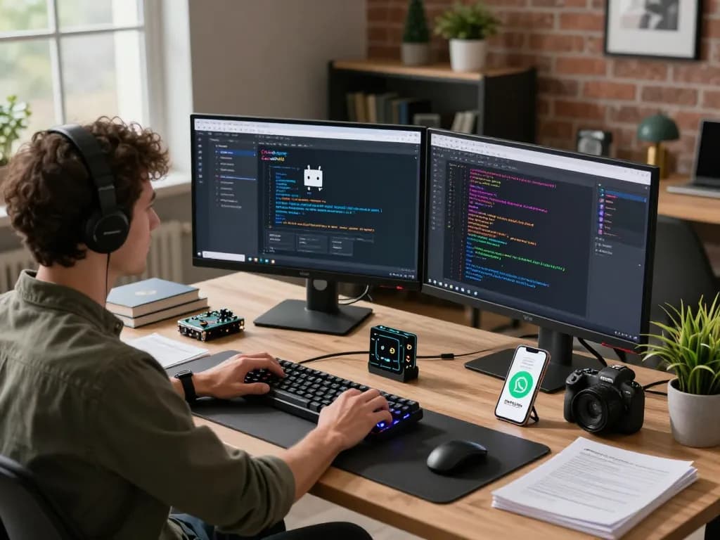 Developer utilizing Clawdbot AI in a modern workspace with dual monitors, gadgets, and a tech-savvy environment.