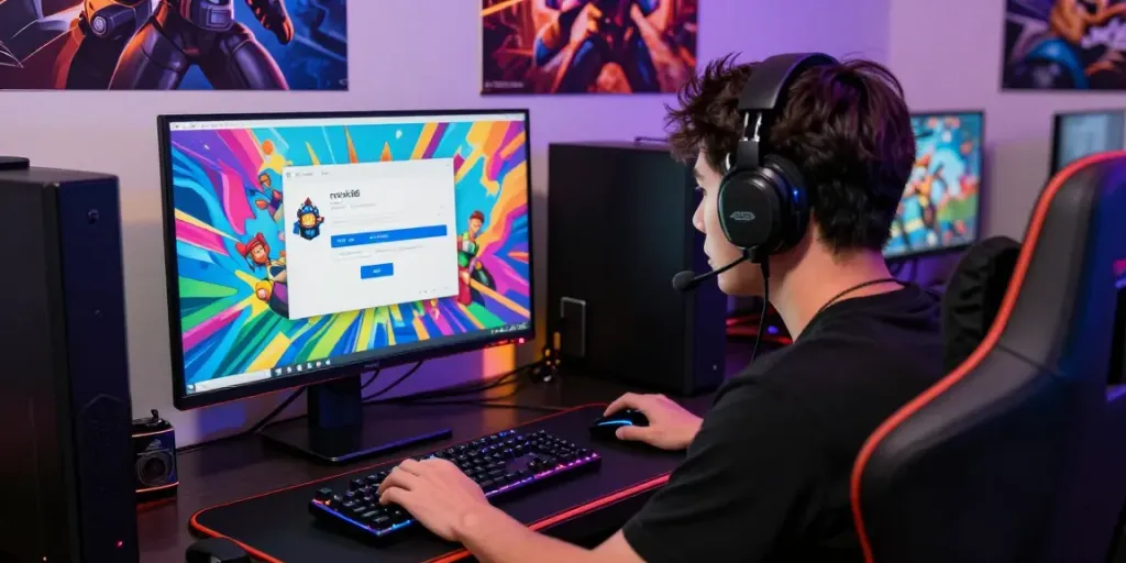 rokok88 link login interface displayed on a colorful gaming monitor, surrounded by accessories and vibrant LED lights.
