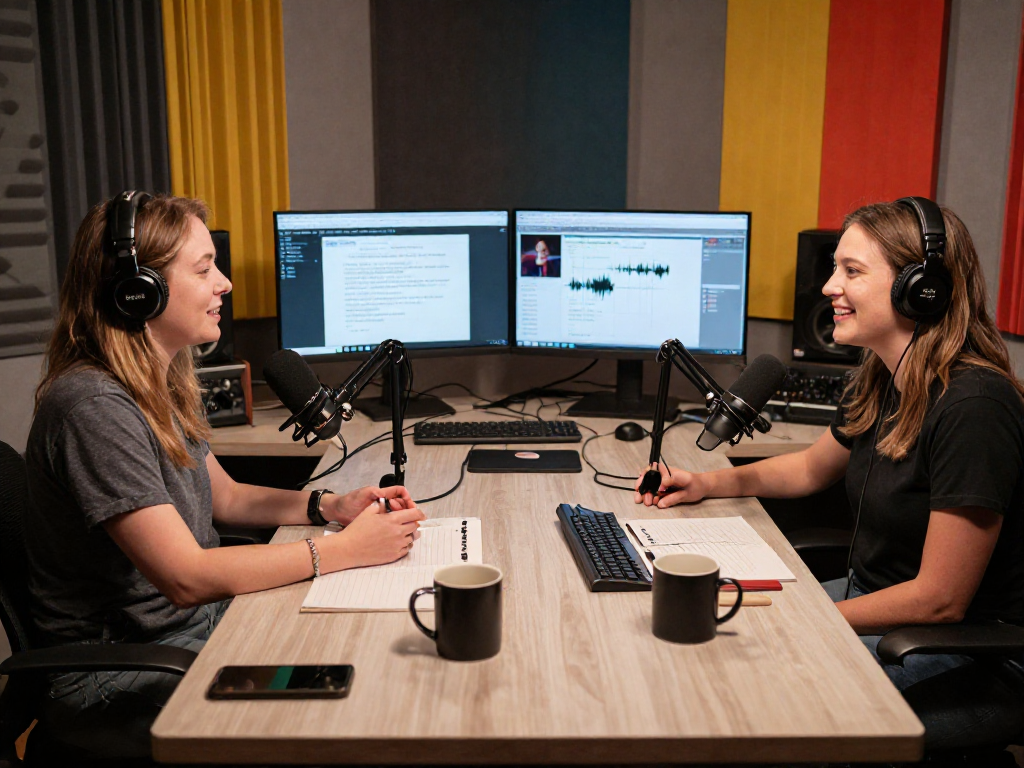 Engaging podcast studio scene featuring Brit Morin discussing rokok88 slot login insights with guests.
