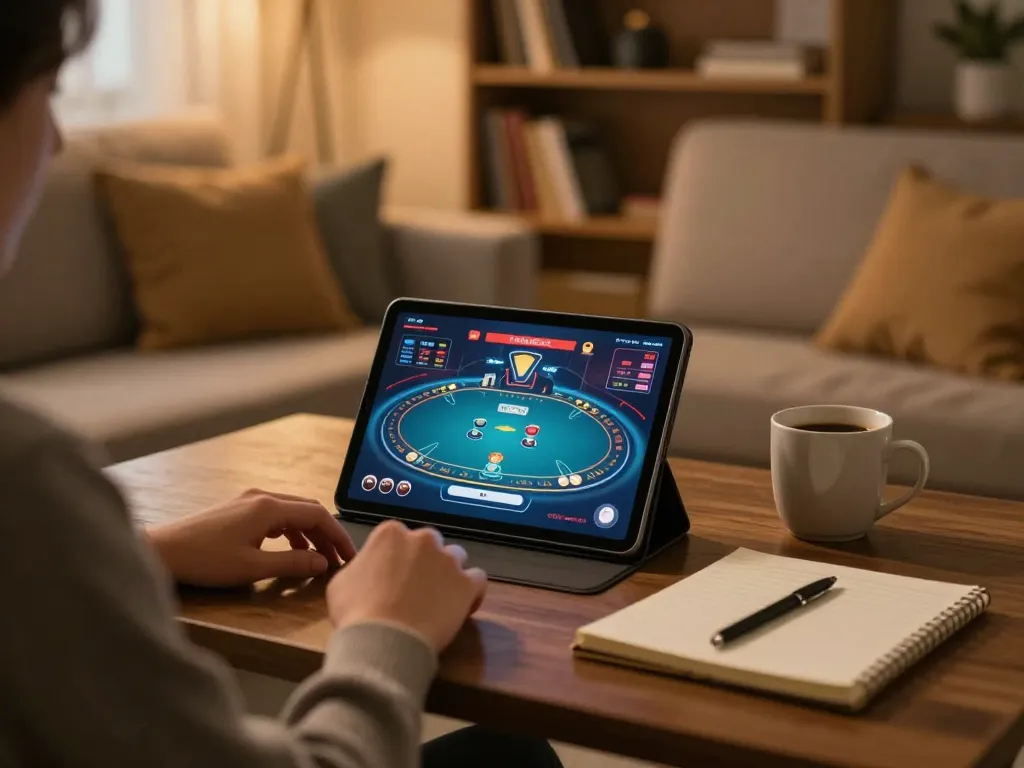Engaging in online poker at home on a tablet, enjoying the 88 aa gaming experience with a cozy ambiance.