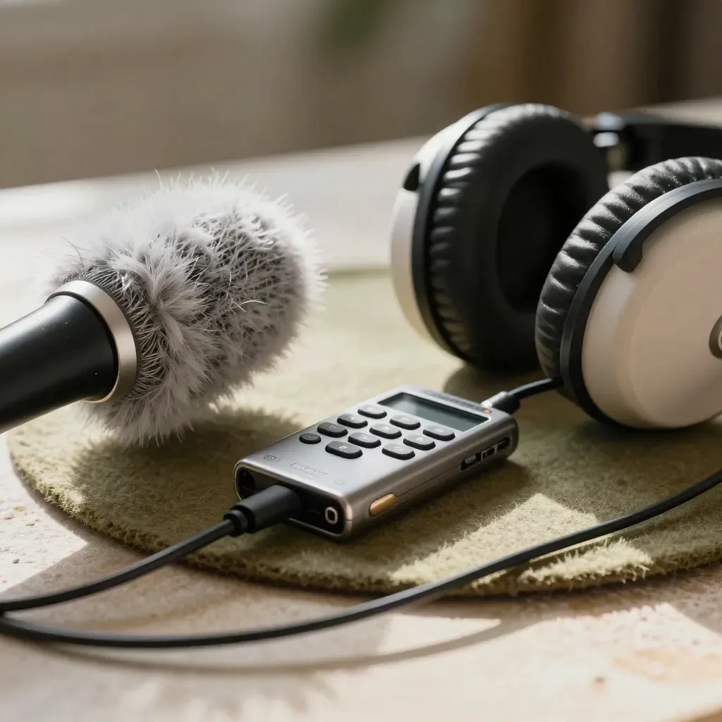 Kit audio da intervista in macro: lavalier, windjammer, recorder e cuffie.