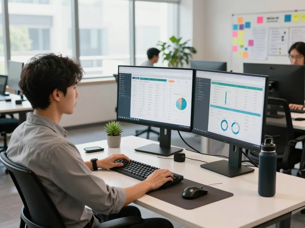Modern workspace with tech gadgets for productivity, dual monitors and ergonomic desk.