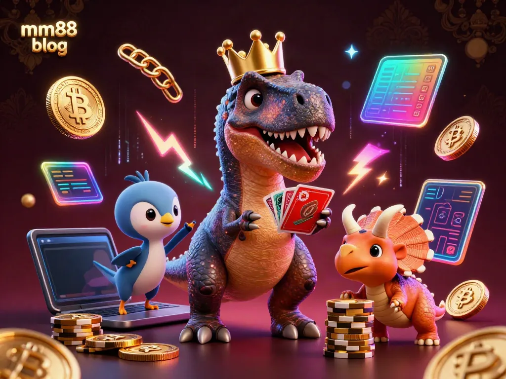 Engage with the mm88 blog as a T-Rex shuffles cards in an exciting casino scene