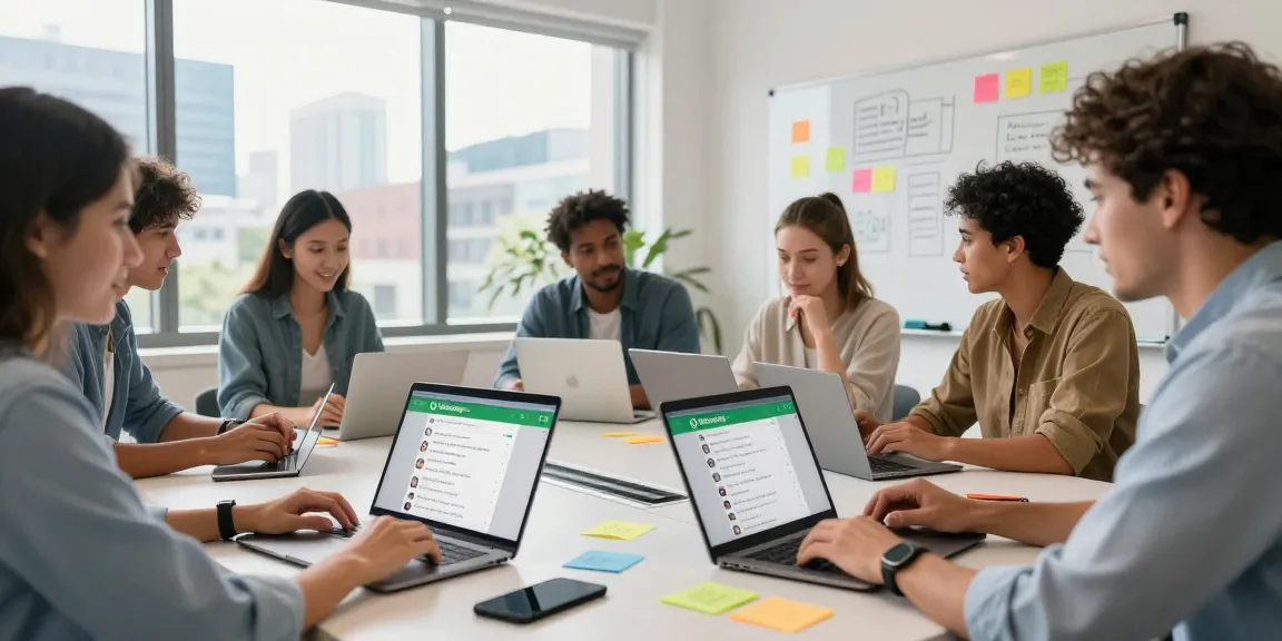 Team collaborating in a modern office on WhatsApp網頁版 project, showcasing creative teamwork and technology use.