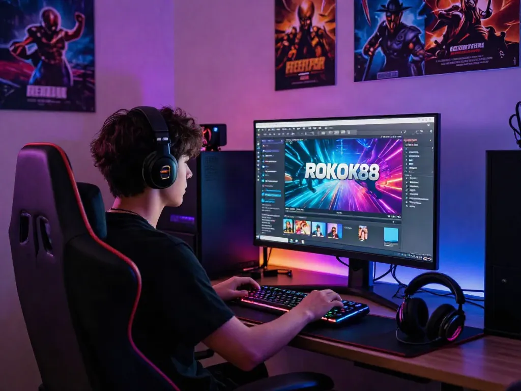 rokok88 login gaming scene with vibrant graphics, player engaged, and community interaction in a lively atmosphere