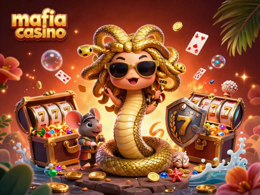 Mafia casino features stunning 3D illustrations of cute Medusa and warrior mouse, surrounded by slot reels and treasures.