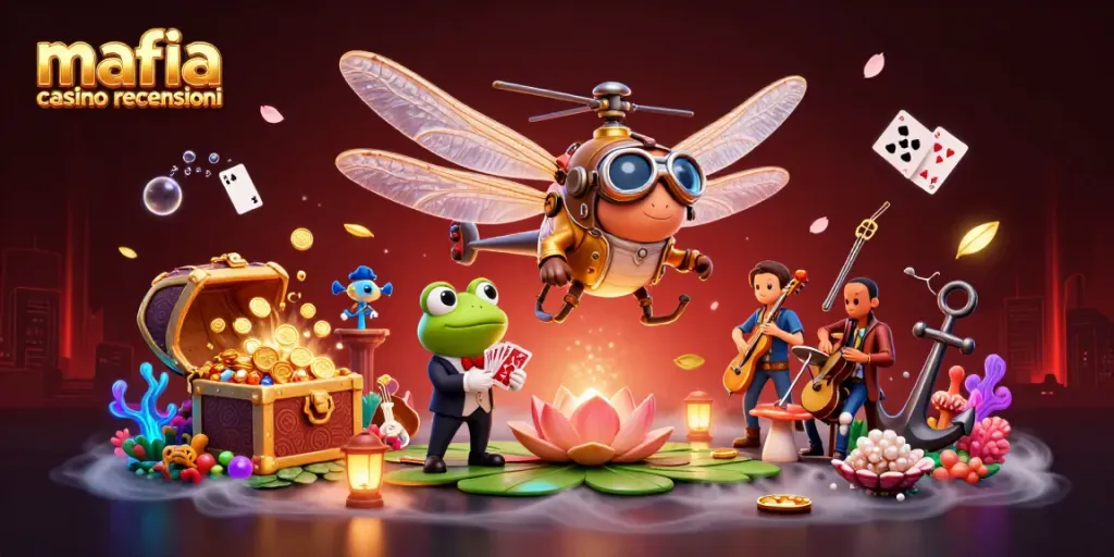 Mafia casino recensioni scene depicting a dragonfly pilot and frog croupier amid vibrant casino elements.
