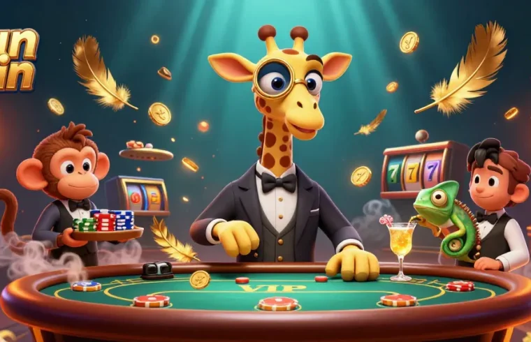 Experience the excitement of Sun win with high-roller characters in a vibrant casino scene full of dynamic elements.