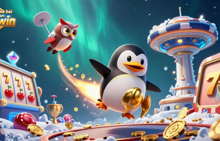 Cổng game bài đổi thưởng Sunwin illustration showcasing a golden penguin in space toward a poker chip casino, with slot elements.