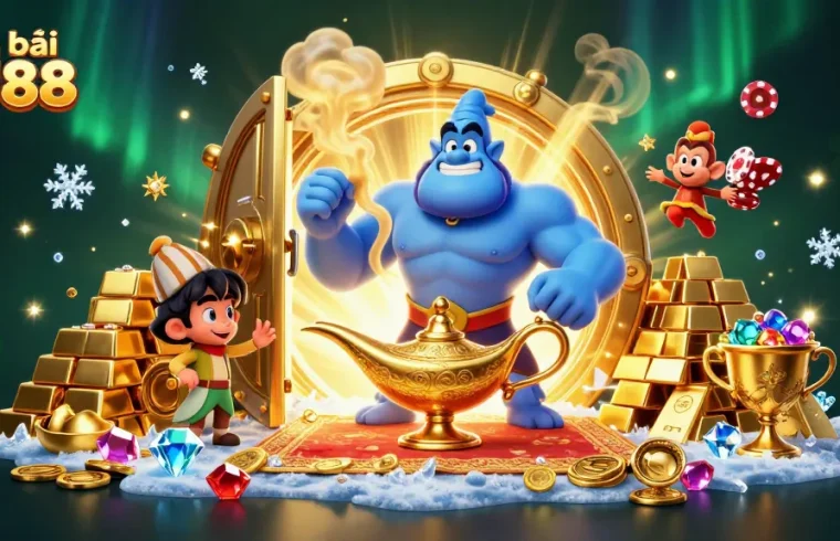 Experience the excitement of Nhà cái BU88 with this vibrant 3D casino scene featuring rich treasures and animated characters.