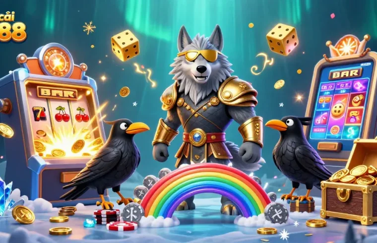 Engaging scene with Nhà cái SIN88's Odin wolf and ravens in a dynamic casino bridge, featuring slot machine and game elements.