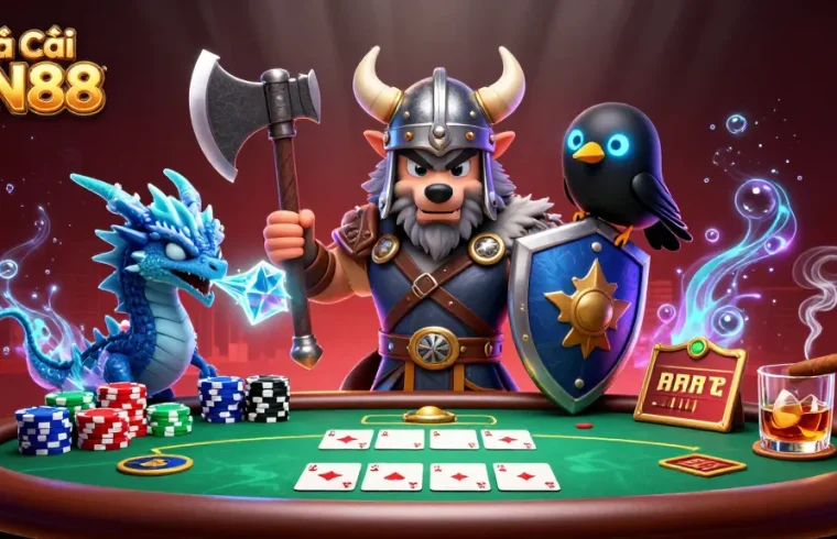 Engage at Nhà cái VIN88 with a thrilling 3D poker battle featuring a Viking wolf warrior and dragon.