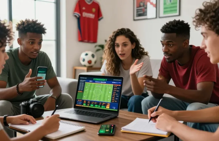 Engaged friends strategizing sbobet judi bola betting during World Cup 2026.