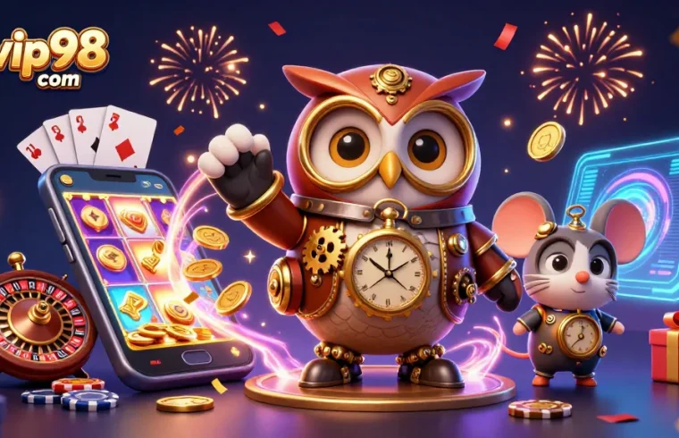 Spin slots with rikvip98 com in a vibrant 3D casino scene featuring luck-filled characters.