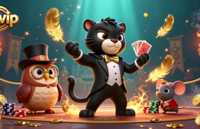 Win big with rikvip as a stylish panther deals cards, surrounded by vibrant casino elements.